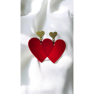Red and Gold Tone Heart Dangle Stud Earrings Stainless Steel Post